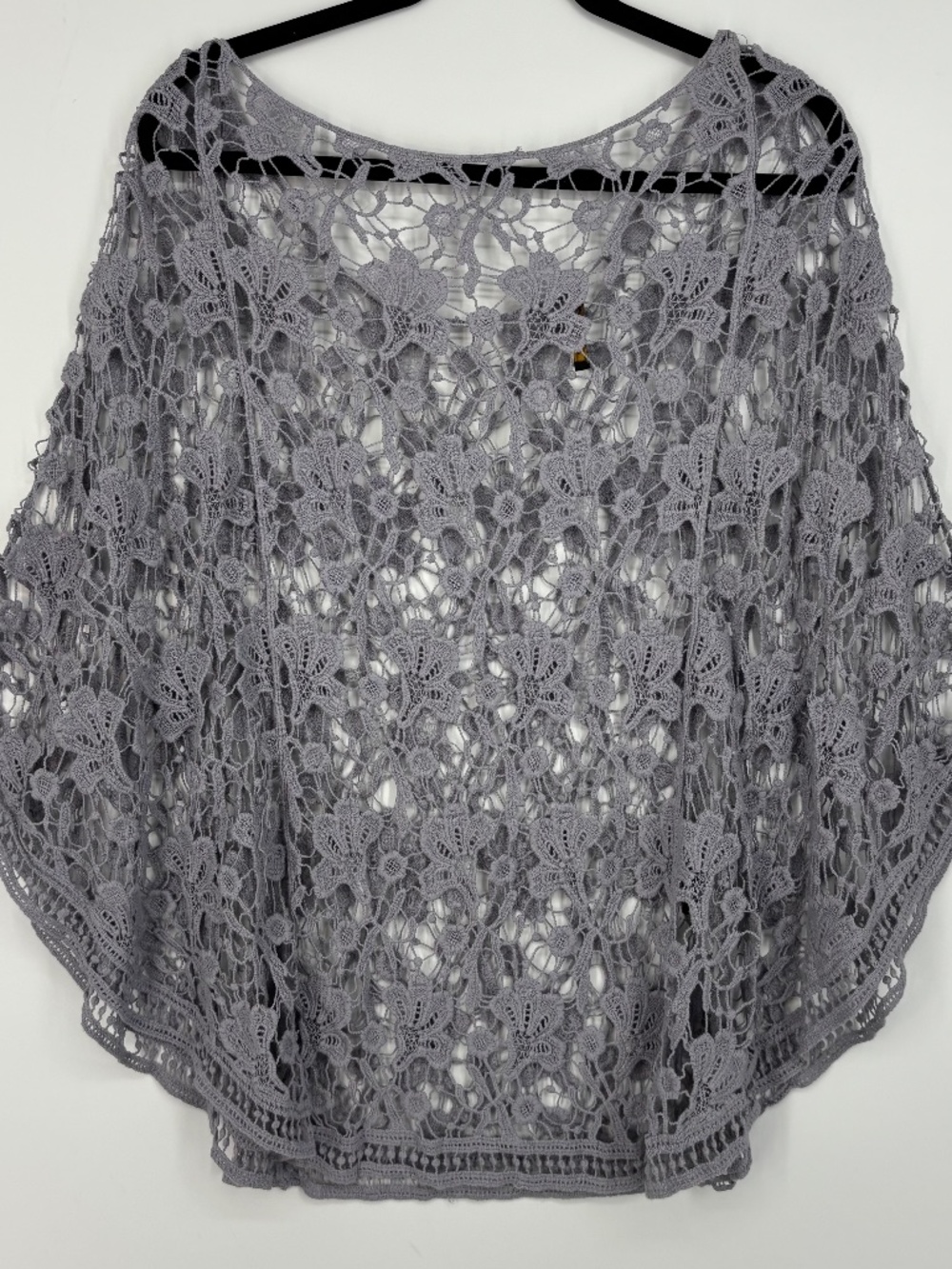 Jayley Missy One Size Pullover Poncho Gray Floral Open Crochet Cotton Polyester